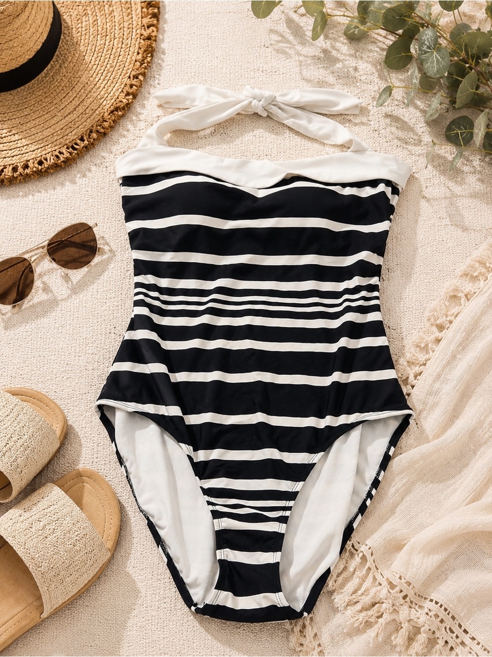 Ralph Lauren Black and White Striped Halter One-Piece Swimsuit Size 14 EUC - Picture 3 of 10